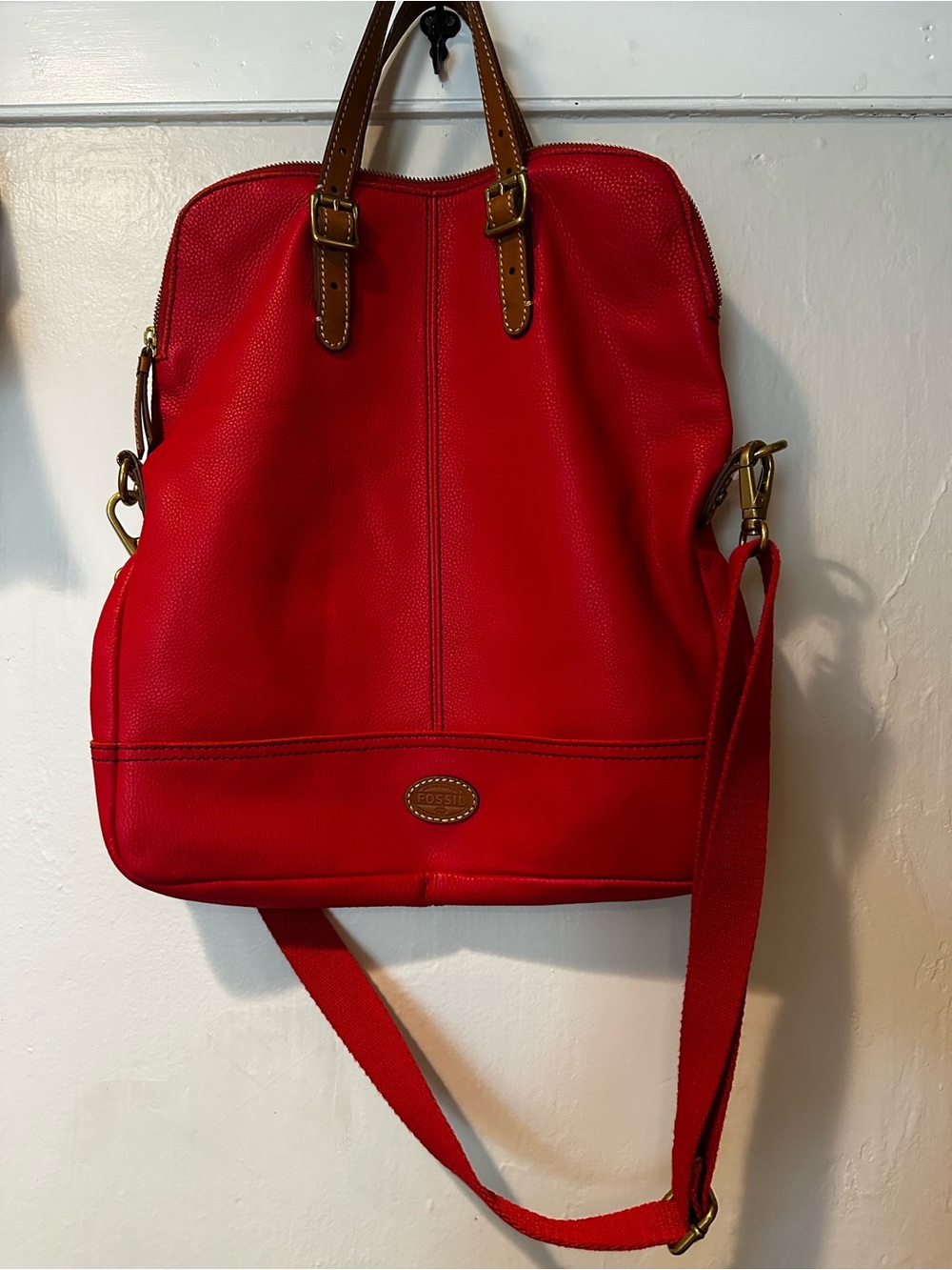Fossil Red Leather Convertible Backpack Tote